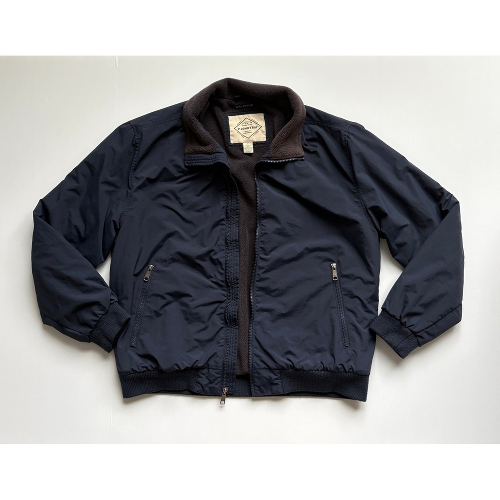 St Johns Bay Mens Vintage Navy Blue Fleece Lined Water Resistant Bomber Jacket L